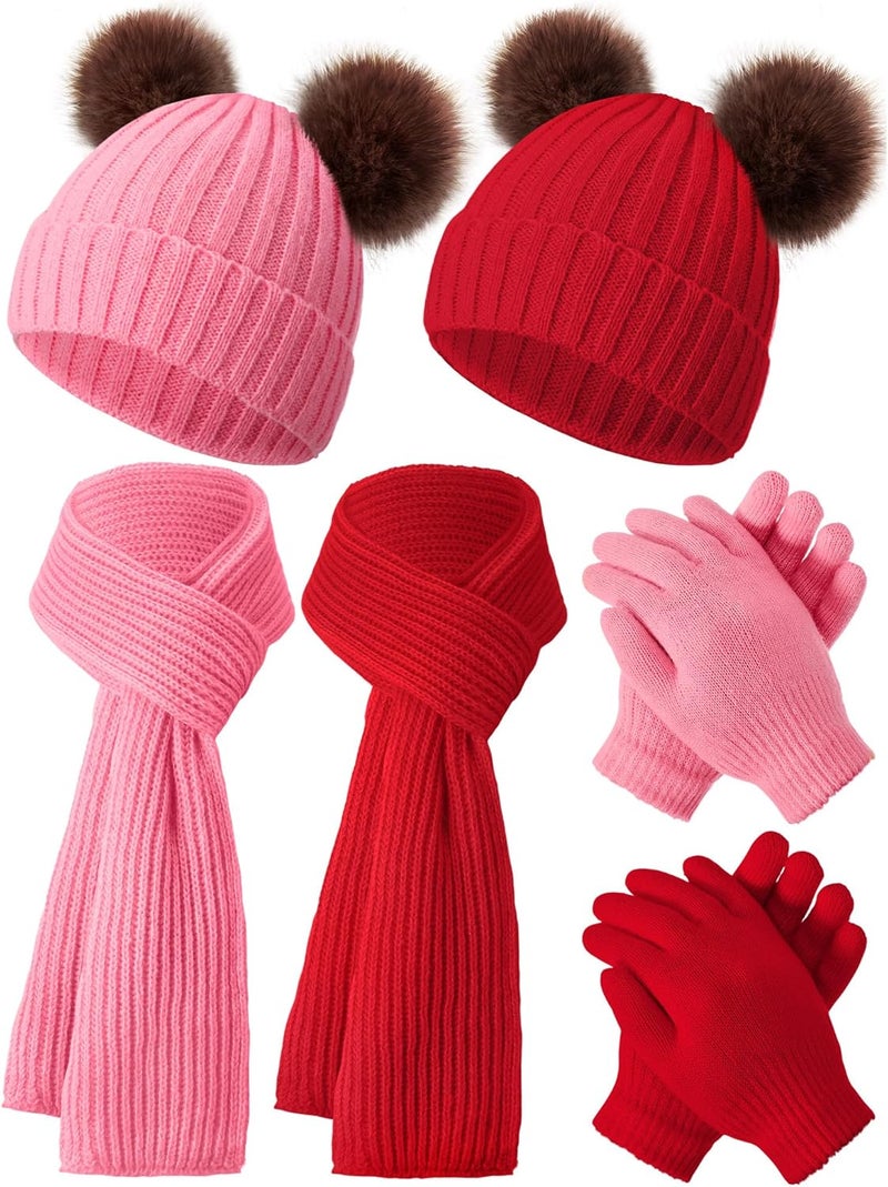 JaGely 2 Sets Kids Winter Hat Gloves Scarf Set Girls and Boys Knit Hat with Pom Warm Scarf Snow Gloves for 3-10 Years Toddler - Image 1